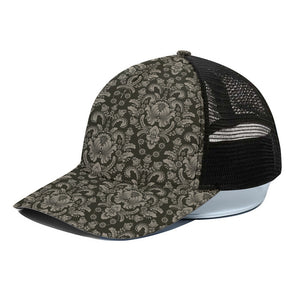 Brown Damask Pattern Print Black Mesh Trucker Cap