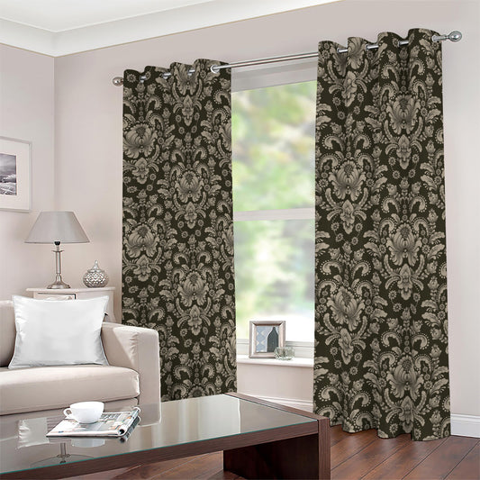 Brown Damask Pattern Print Blackout Grommet Curtains
