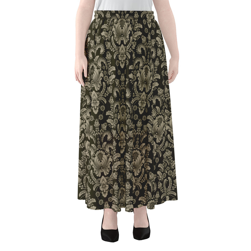 Brown Damask Pattern Print Chiffon Maxi Skirt