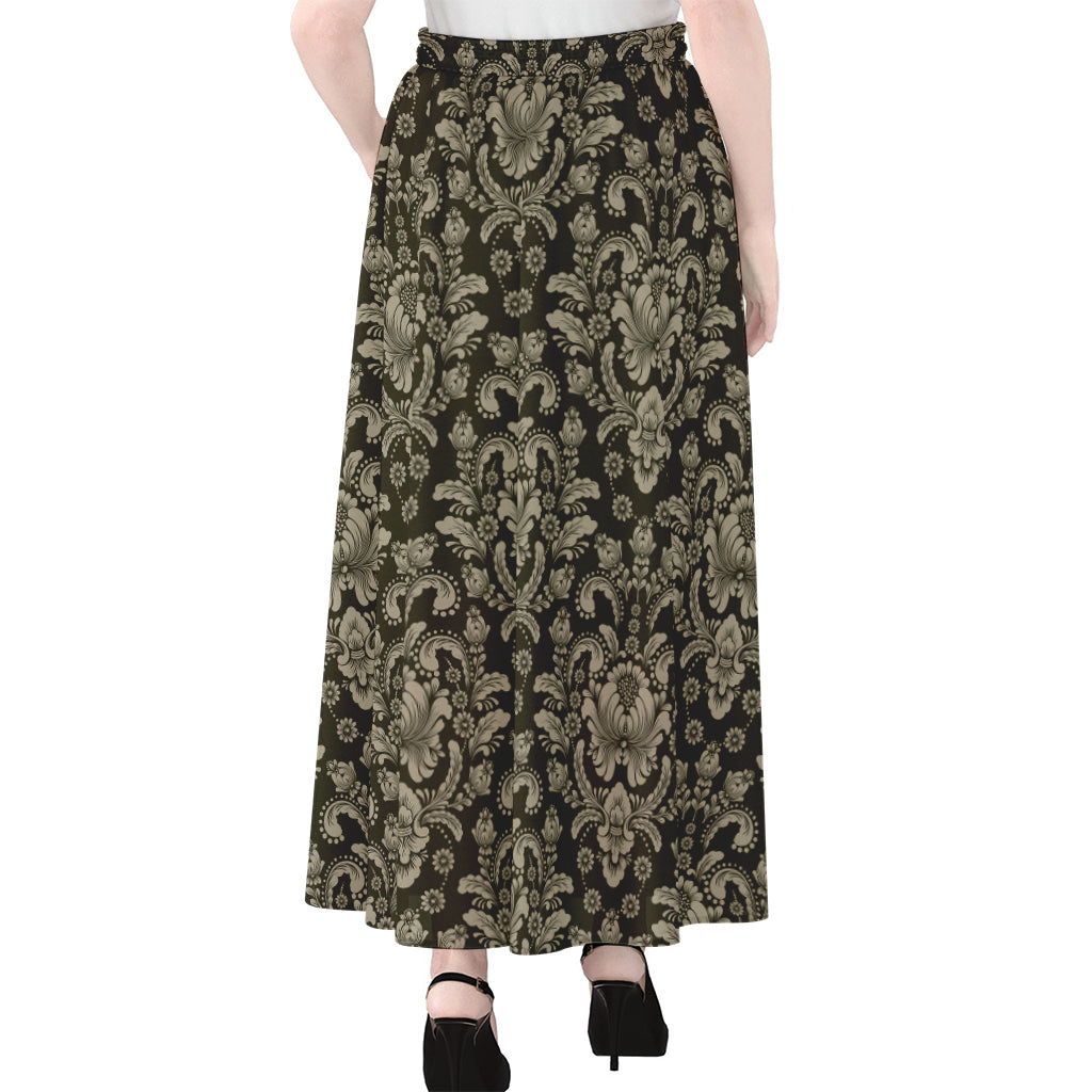 Brown Damask Pattern Print Chiffon Maxi Skirt