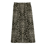 Brown Damask Pattern Print Cotton Front Slit Maxi Skirt