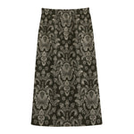 Brown Damask Pattern Print Cotton Front Slit Maxi Skirt