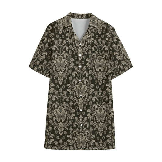 Brown Damask Pattern Print Cotton Hawaiian Shirt