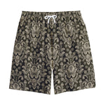 Brown Damask Pattern Print Cotton Shorts