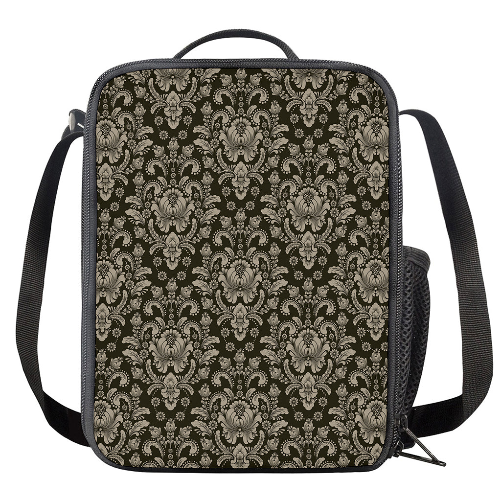 Brown Damask Pattern Print Crossbody Lunch Bag