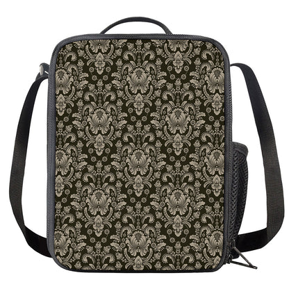 Brown Damask Pattern Print Crossbody Lunch Bag