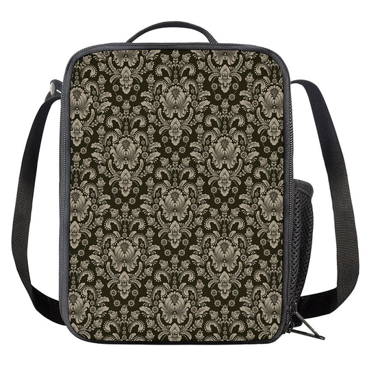 Brown Damask Pattern Print Crossbody Lunch Bag