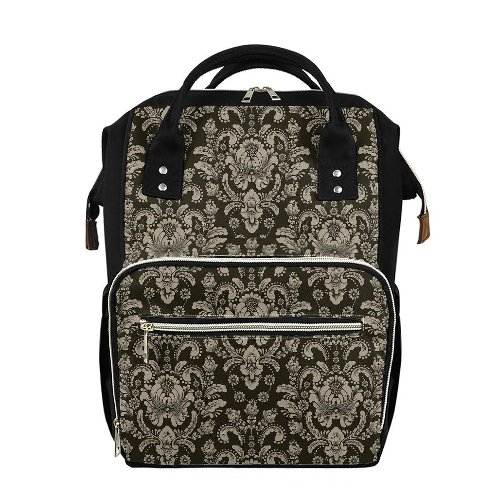 Brown Damask Pattern Print Diaper Bag