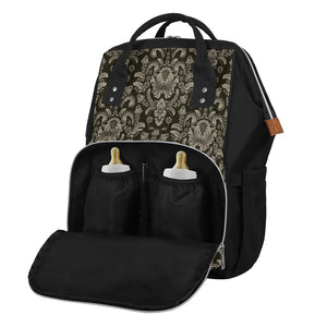 Brown Damask Pattern Print Diaper Bag