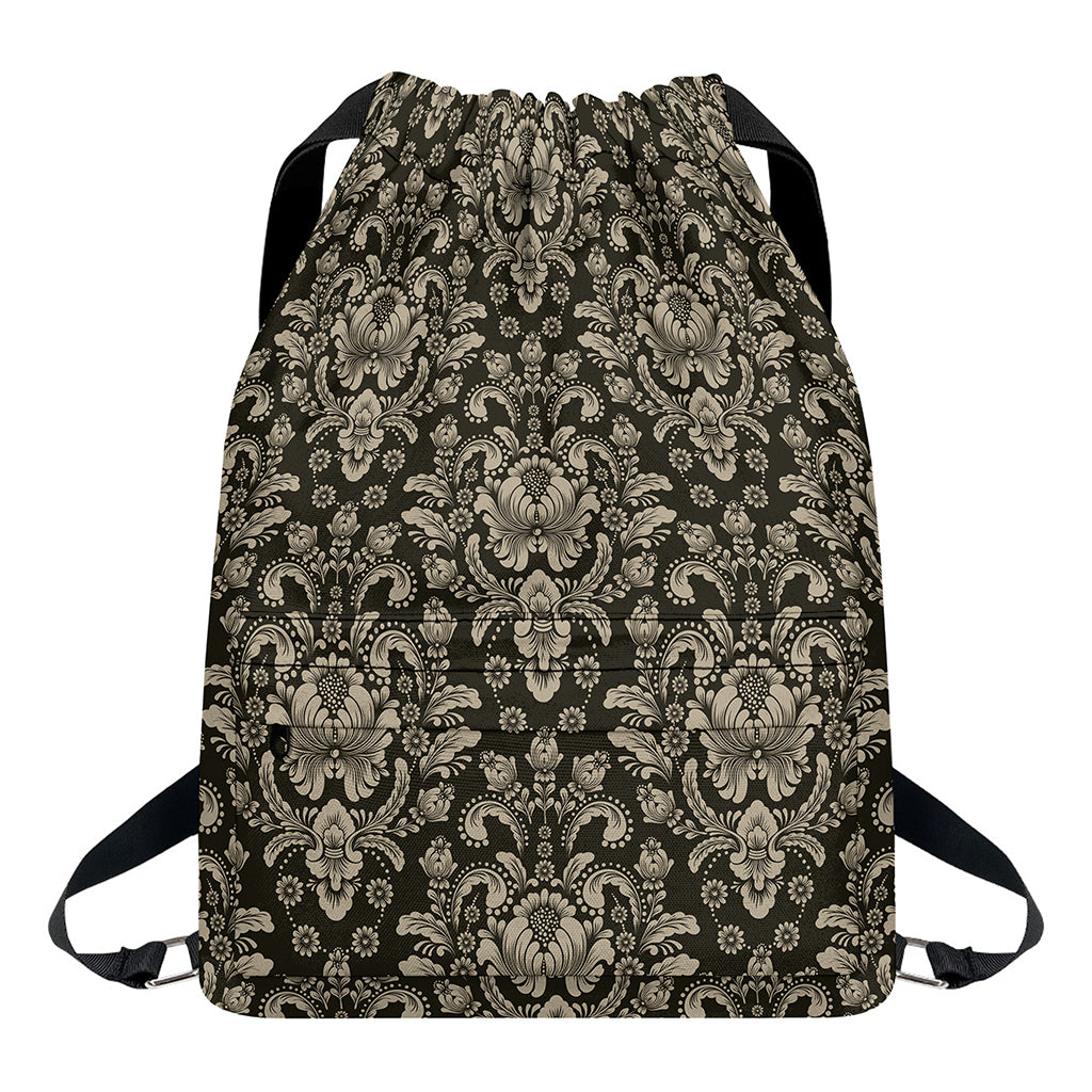 Brown Damask Pattern Print Drawstring Backpack