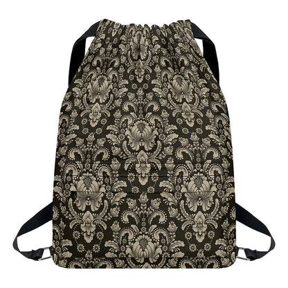 Brown Damask Pattern Print Drawstring Backpack
