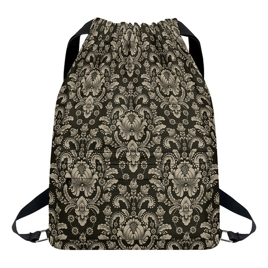 Brown Damask Pattern Print Drawstring Backpack