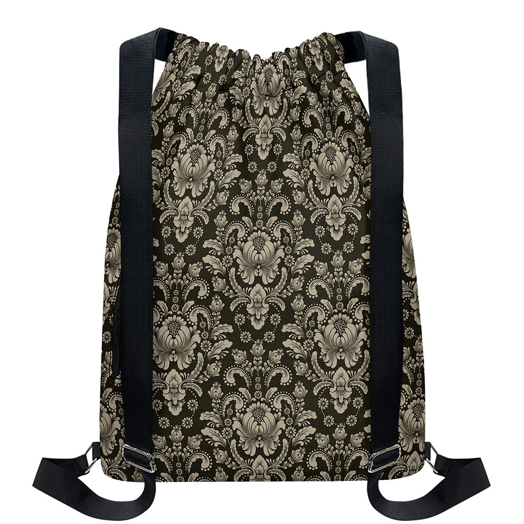 Brown Damask Pattern Print Drawstring Backpack