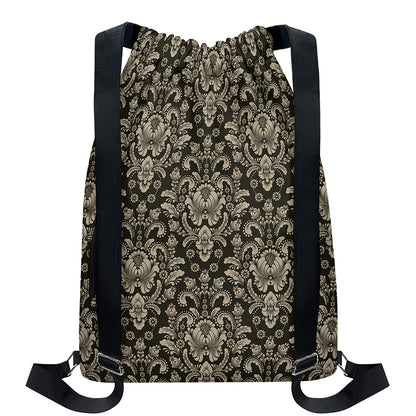 Brown Damask Pattern Print Drawstring Backpack