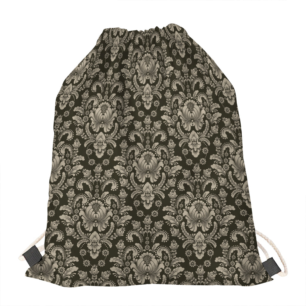 Brown Damask Pattern Print Drawstring Bag