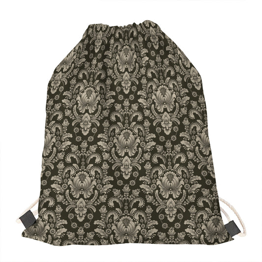 Brown Damask Pattern Print Drawstring Bag