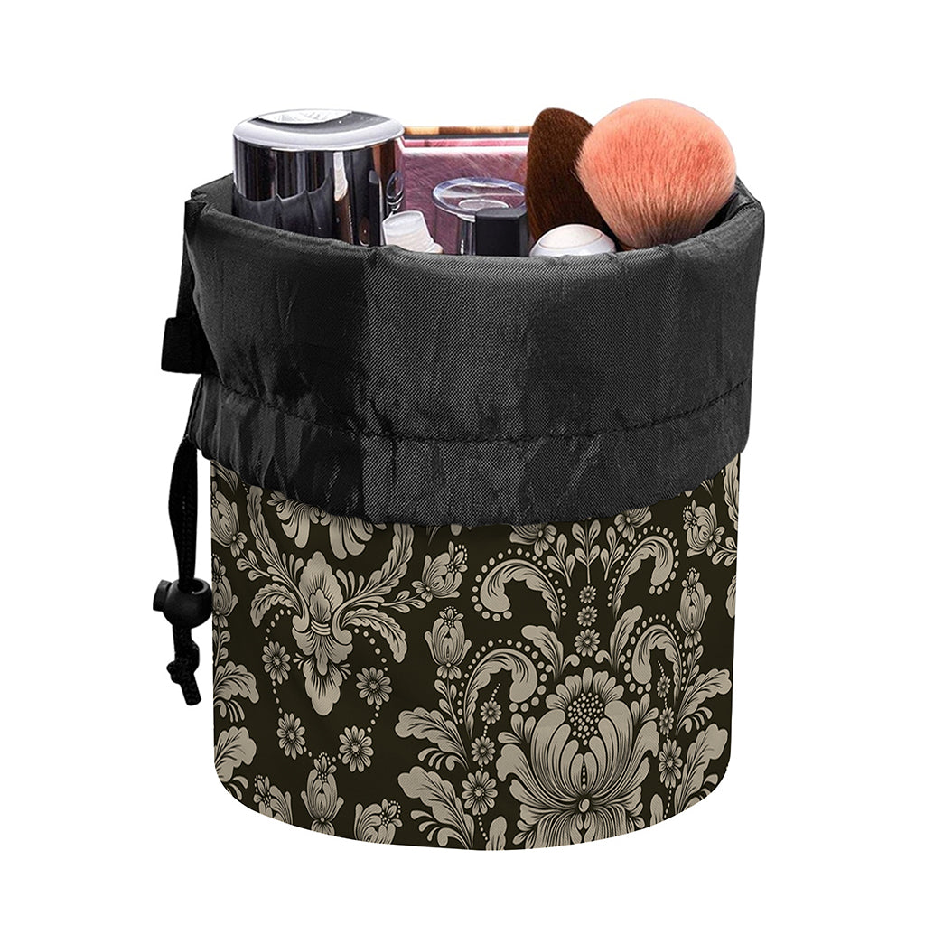 Brown Damask Pattern Print Drawstring Makeup Bag
