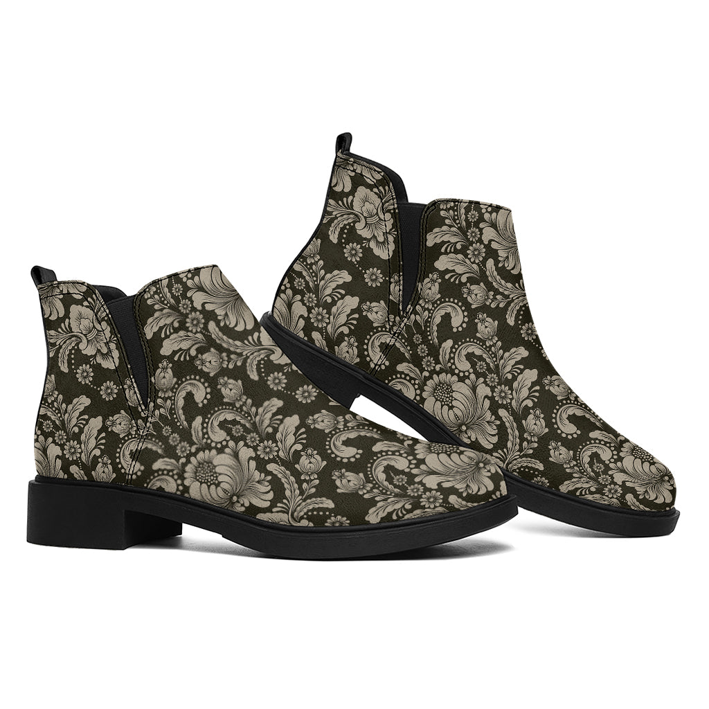 Brown Damask Pattern Print Flat Ankle Boots