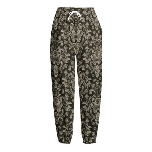 Brown Damask Pattern Print Fleece Lined Knit Pants