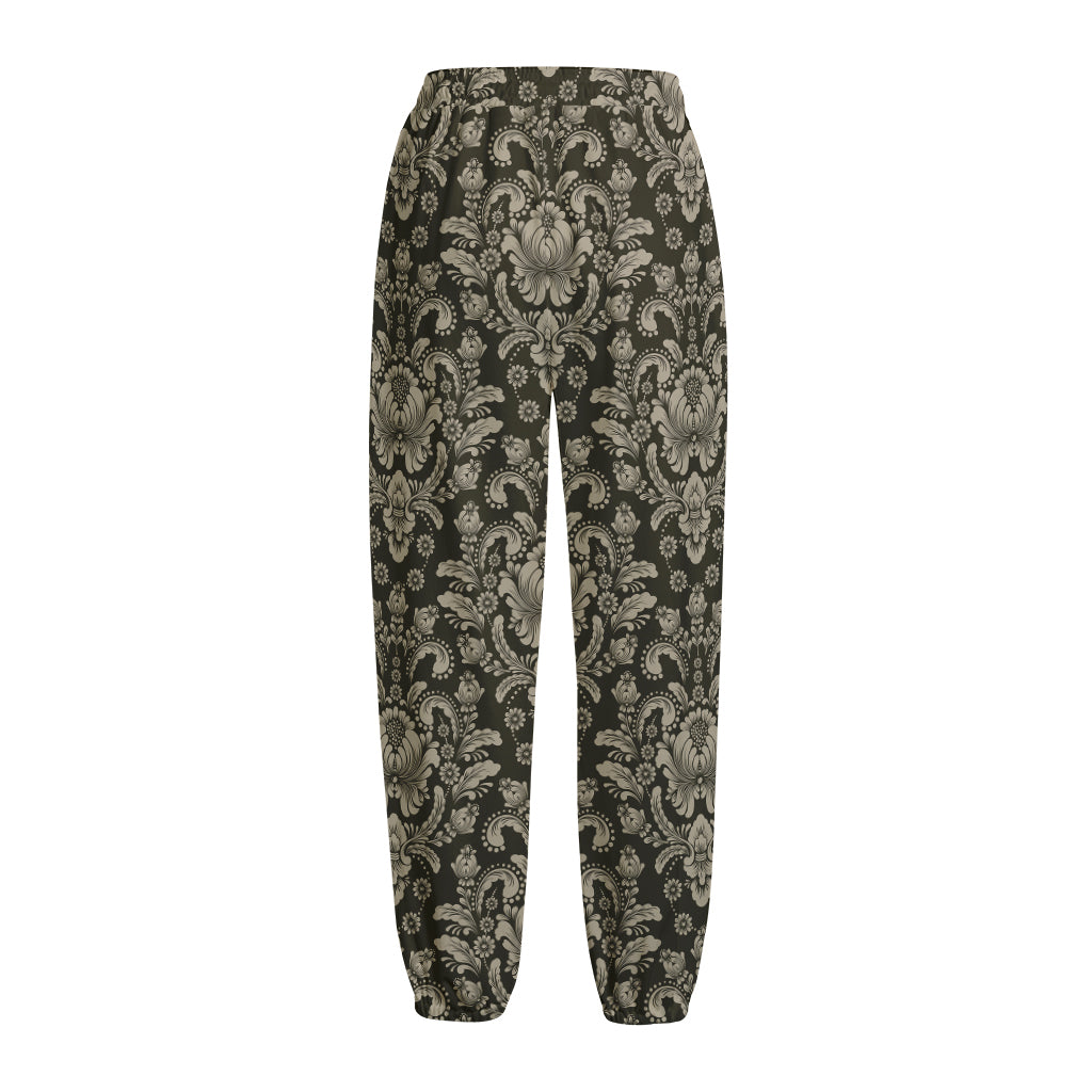 Brown Damask Pattern Print Fleece Lined Knit Pants