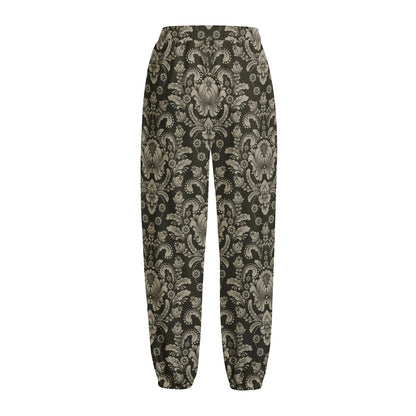 Brown Damask Pattern Print Fleece Lined Knit Pants