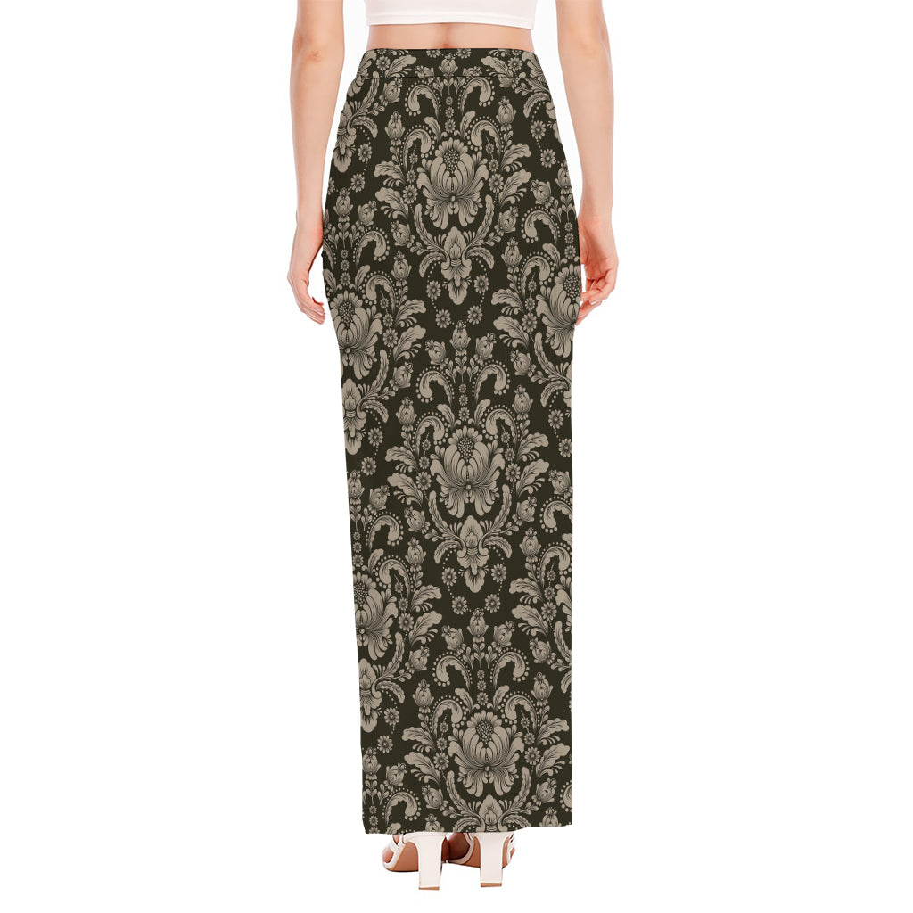 Brown Damask Pattern Print High Slit Maxi Skirt