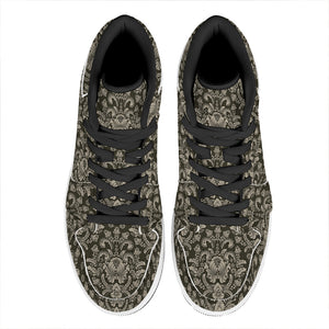 Brown Damask Pattern Print High Top Leather Sneakers