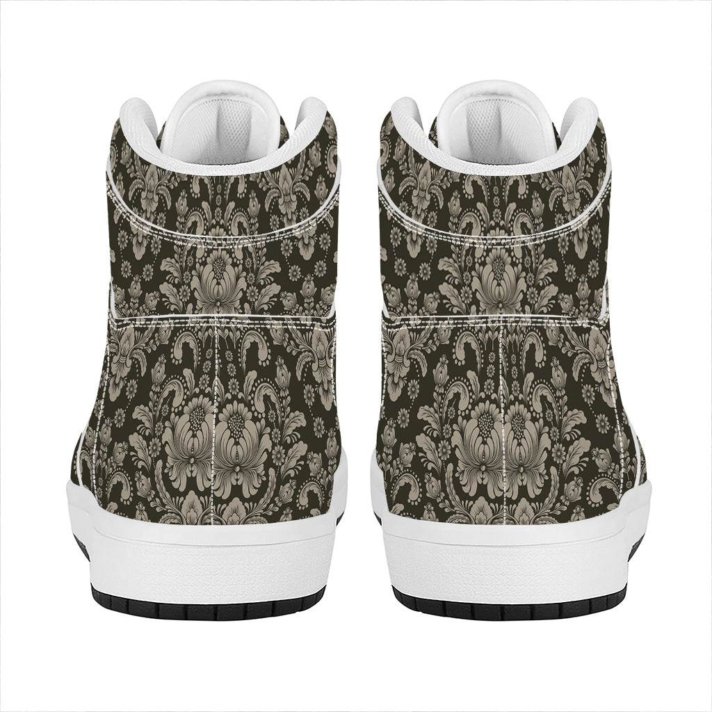 Brown Damask Pattern Print High Top Leather Sneakers