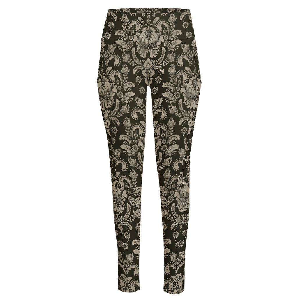 Brown Damask Pattern Print High-Waisted Pocket Leggings