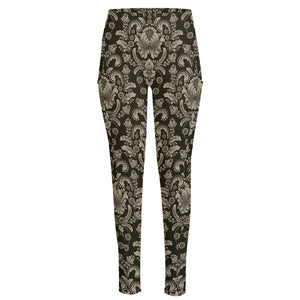 Brown Damask Pattern Print High-Waisted Pocket Leggings