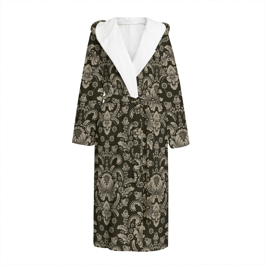 Brown Damask Pattern Print Hooded Bathrobe