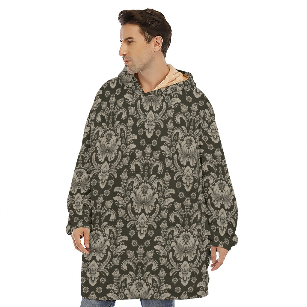 Brown Damask Pattern Print Hoodie Blanket