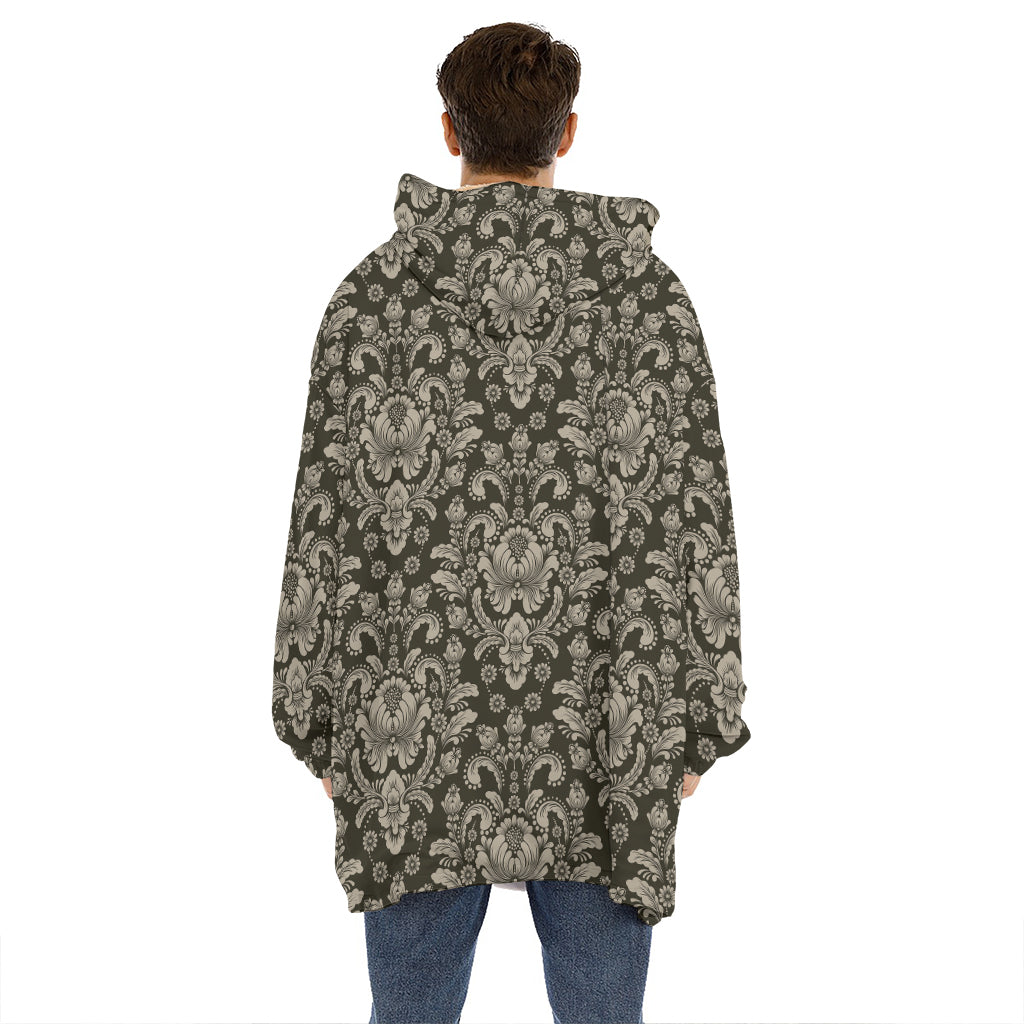 Brown Damask Pattern Print Hoodie Blanket