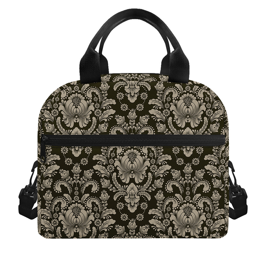 Brown Damask Pattern Print Insulated Lunch Bag