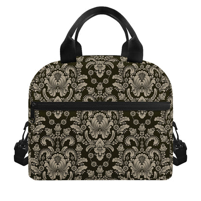 Brown Damask Pattern Print Insulated Lunch Bag