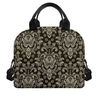 Brown Damask Pattern Print Insulated Lunch Bag