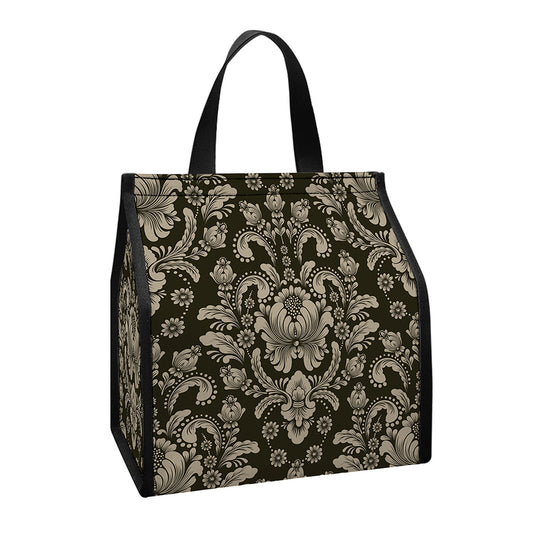 Brown Damask Pattern Print Insulated Lunch Tote