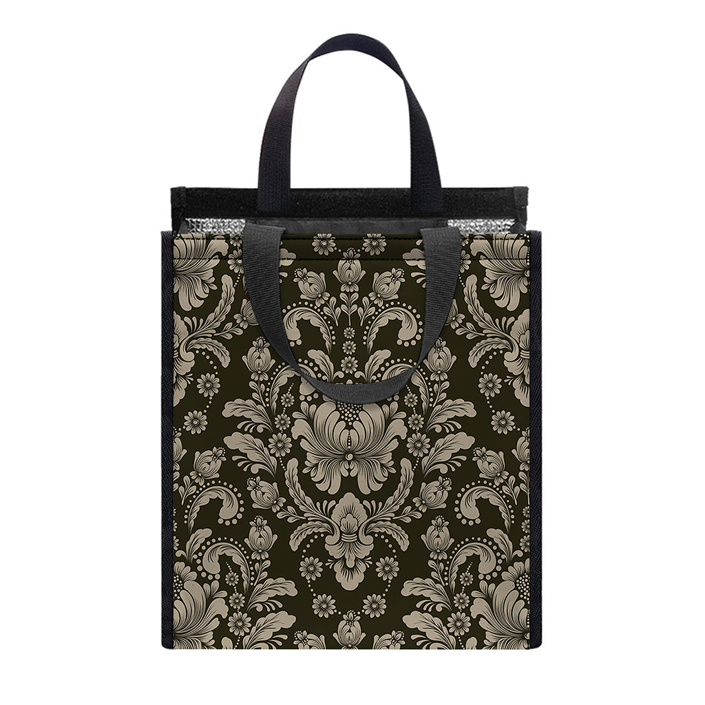 Brown Damask Pattern Print Insulated Lunch Tote