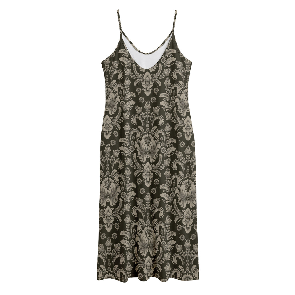 Brown Damask Pattern Print Jersey Midi Cami Dress