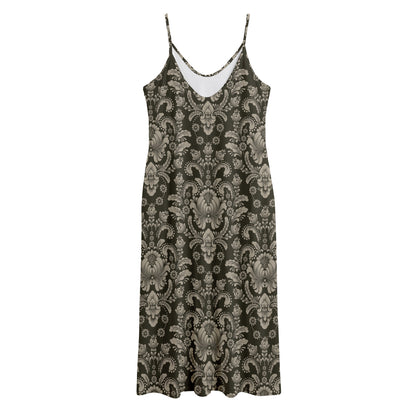 Brown Damask Pattern Print Jersey Midi Cami Dress