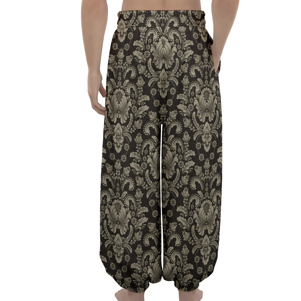 Brown Damask Pattern Print Lantern Pants