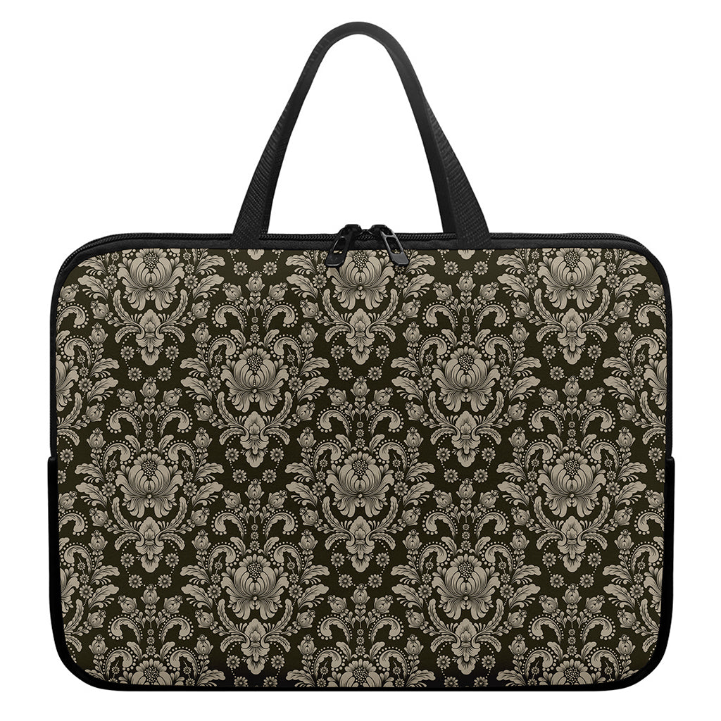 Brown Damask Pattern Print Laptop Sleeve With Handle
