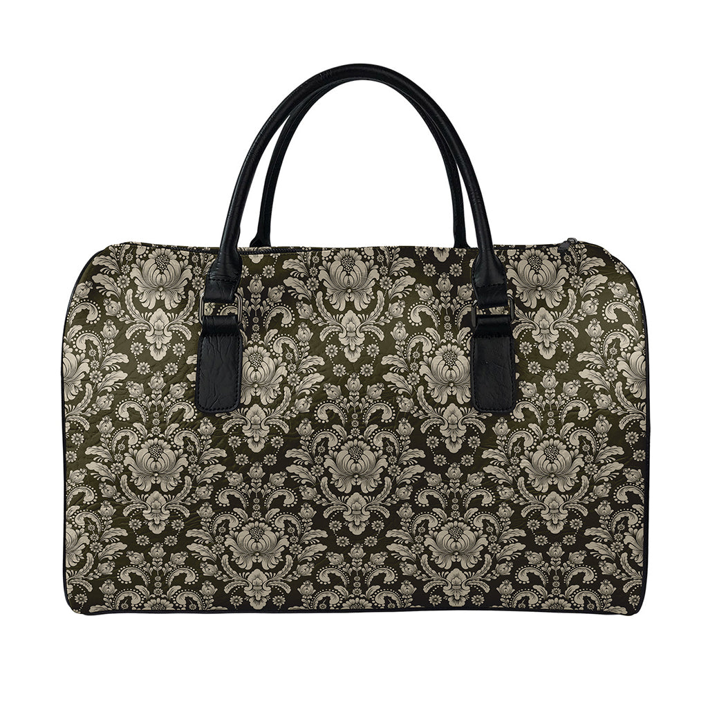 Brown Damask Pattern Print Leather Duffle Bag