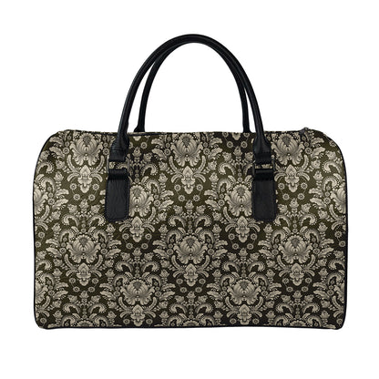 Brown Damask Pattern Print Leather Duffle Bag