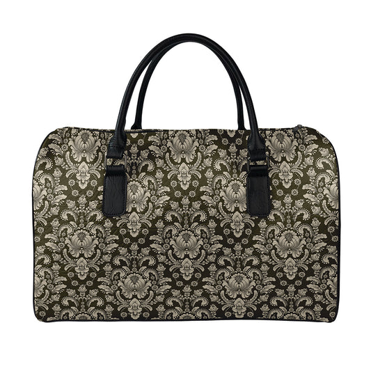 Brown Damask Pattern Print Leather Duffle Bag