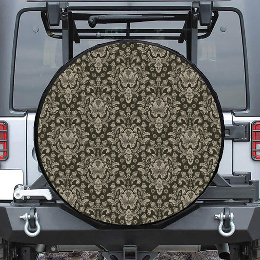 Brown Damask Pattern Print Leather Spare Tire Cover