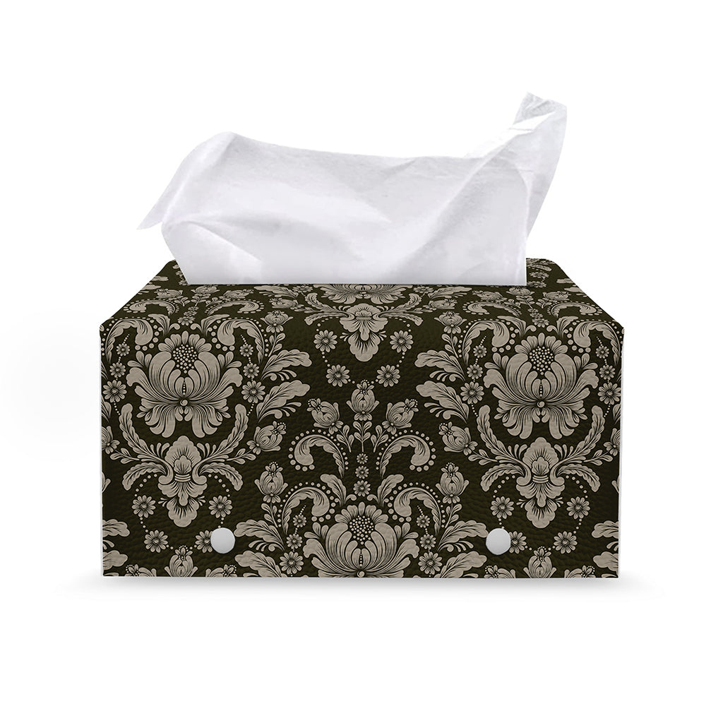 Brown Damask Pattern Print Leather Tissue Box Cover