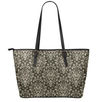 Brown Damask Pattern Print Leather Tote Bag