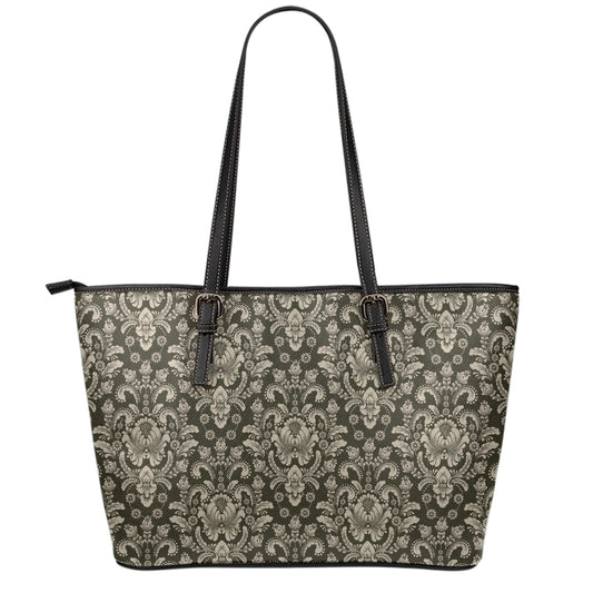 Brown Damask Pattern Print Leather Tote Bag