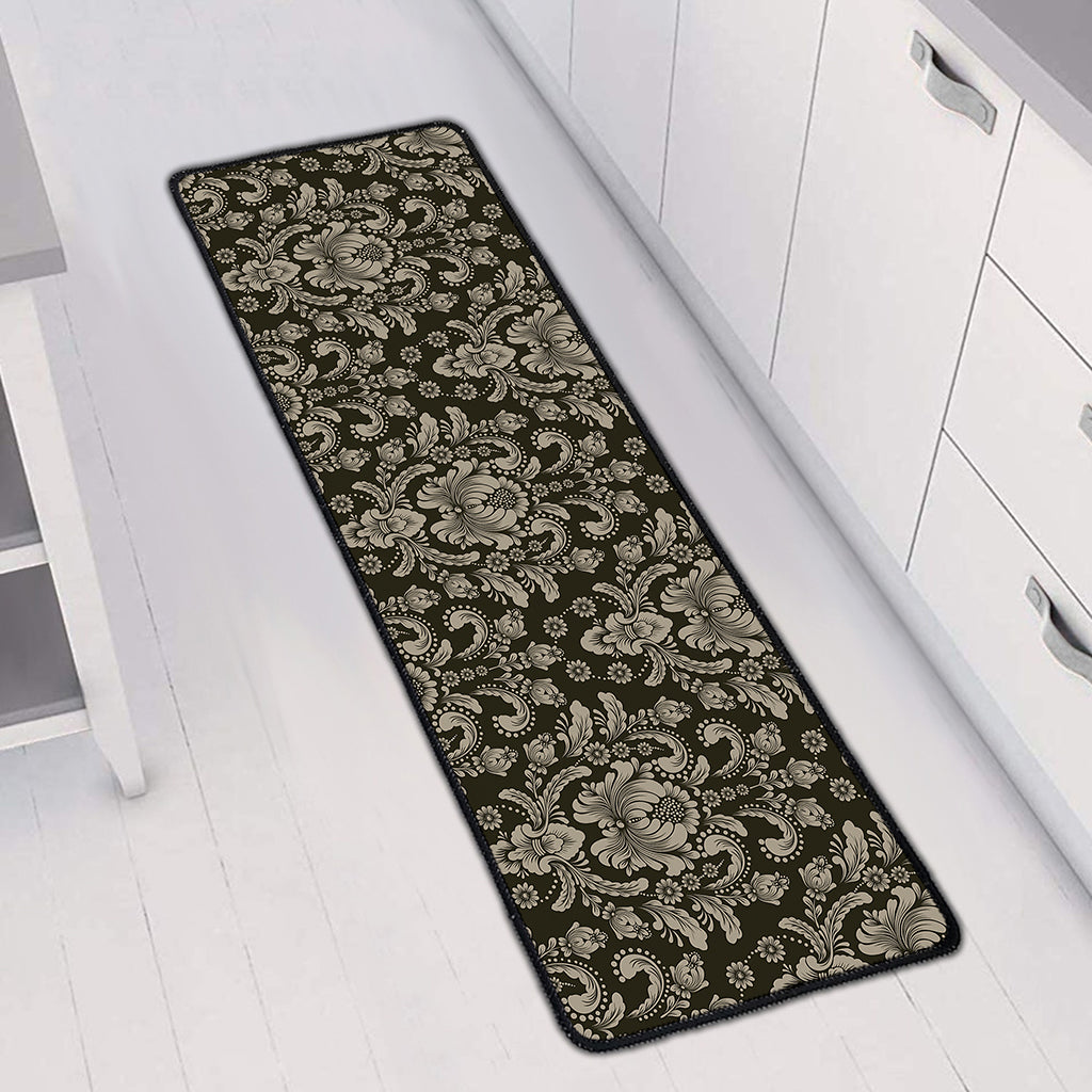 Brown Damask Pattern Print Long Kitchen Mat